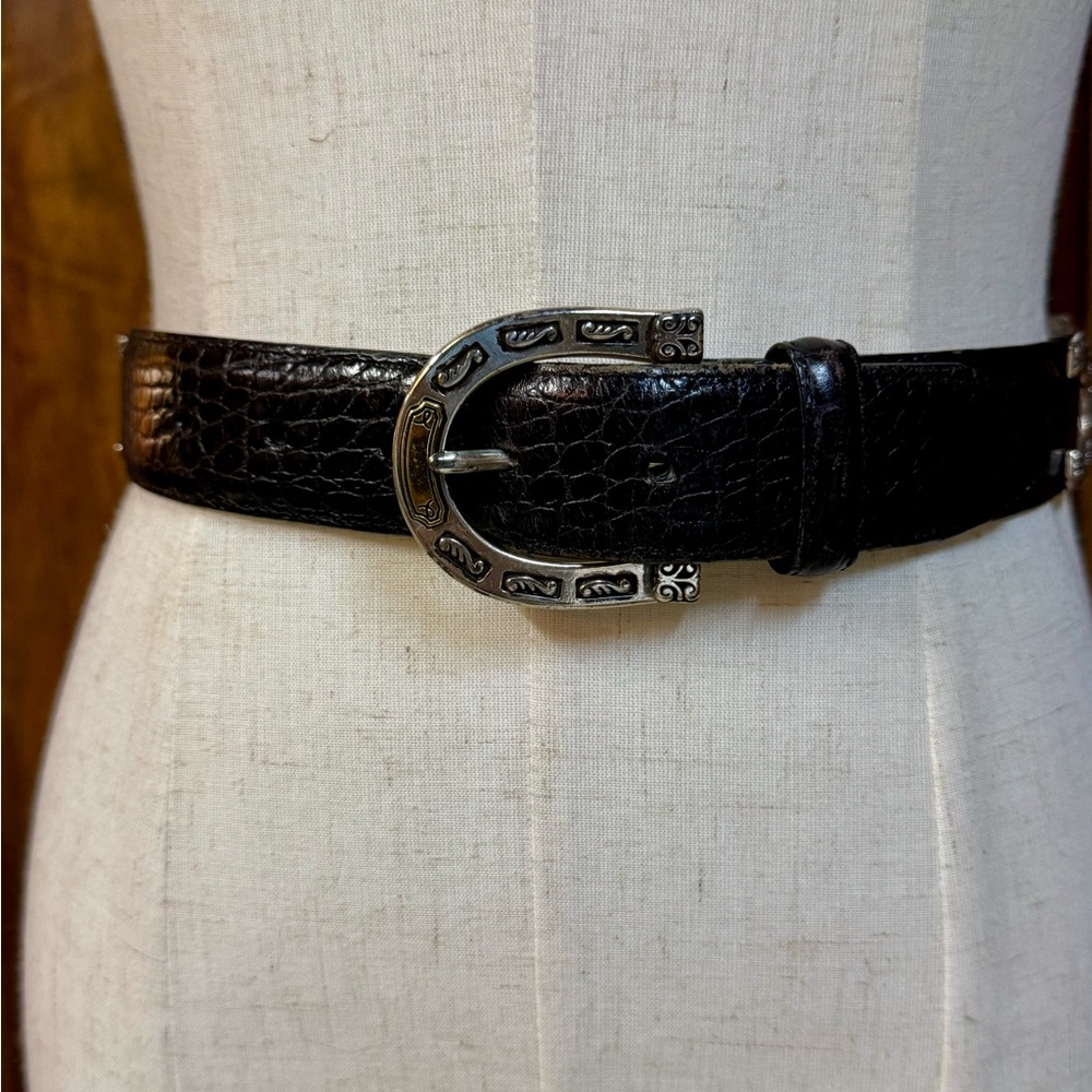 VTG Brighton Croc-Embossed Black Belt with Ornate Silver/Gold  Buckle Sz S